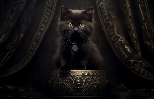 Cute black kitten on a black stool, wrapped style