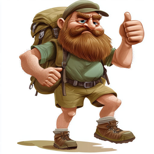 Humorous caricature of a hiking caricature clipart with human characteristics, exaggerated rosy cheeks, muscular legs, waving, vibrant colors, cartoon style, thumbs down, high-resolution, no background, isolated