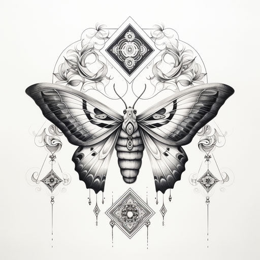 Drawing of a moth, occult-inspired linear style, vibrant