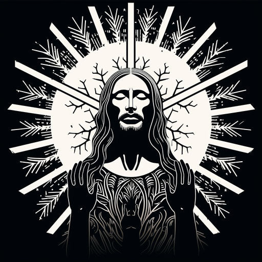 Silhouette person jesus style wood engraving symmetrical tattoo