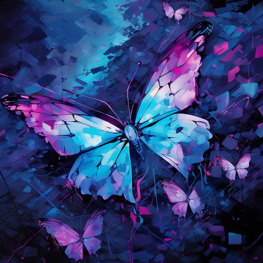 Blue and purple watercolor butterflies in digital glitchy style