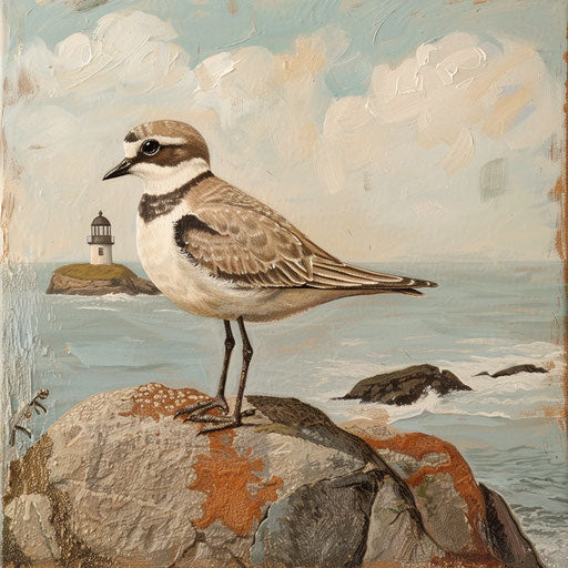 Western snowy plover in serene pose with calm ocean and distant lighthouse