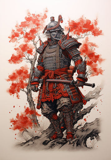 Japanese tattoo samurai warrior, pointillist style