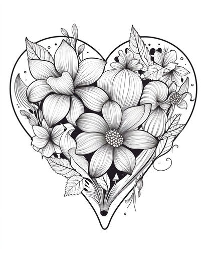 Colorful heart with leaves in black and white ink