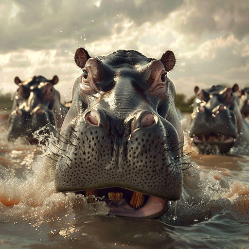 Humorous scene of hippos participating in a 'hippo marathon'