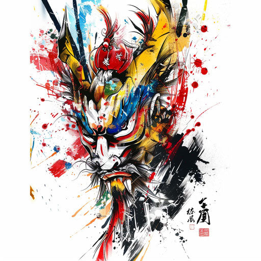 Expressionist tattoo sketch of a Tengu with vivid colors