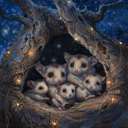 A family of mountain eagles snuggled in a cozy den under a starry sky