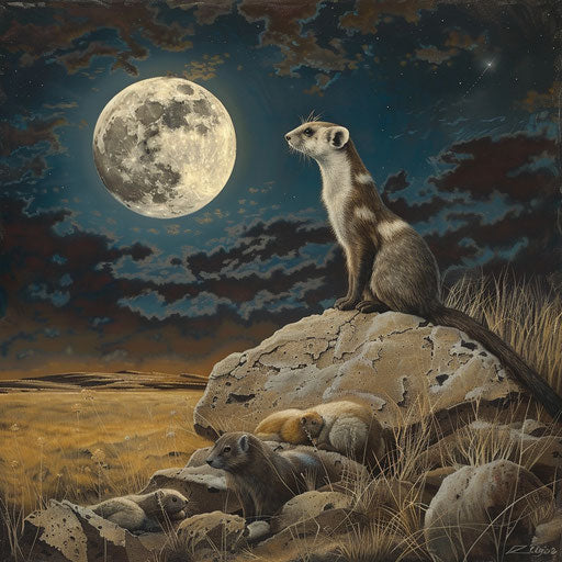 Black-footed ferret hunting for prairie dogs under full moon