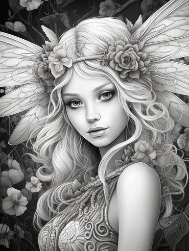 Fairy elf coloring pages, in the style of mesmerizing colorscapes, detailed 3:4