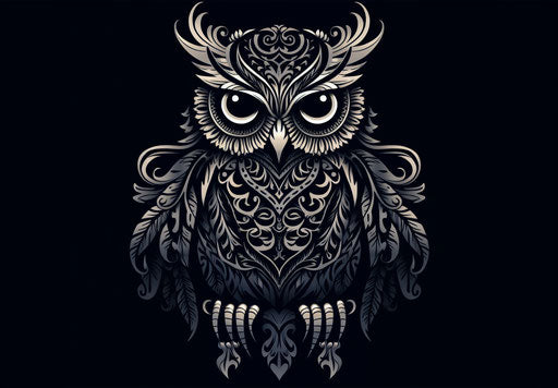 Owl in pattern with elaborate ornaments, dark symbolism