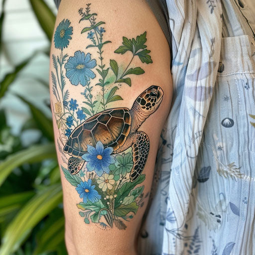 Wildflower tattoo with oceanic theme, soft greens and blues