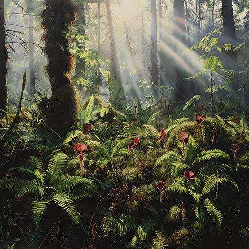 Dense, misty forest with sunlight piercing through