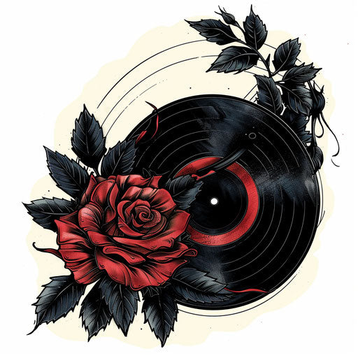 Vinyl record with intertwined rose, retro black and red clipart