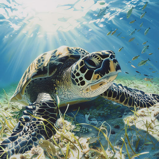 Hawksbill sea turtle resting in sea grass bed