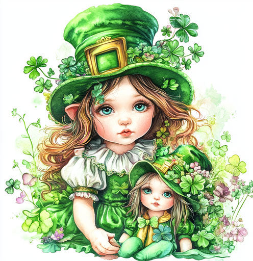 St. Patrick's Day baby girl with a leprechaun and a cute doll