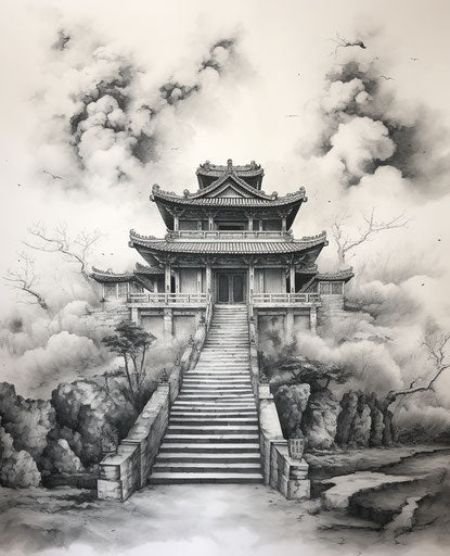 Asian temple under cloudy sky with cherry blossoms