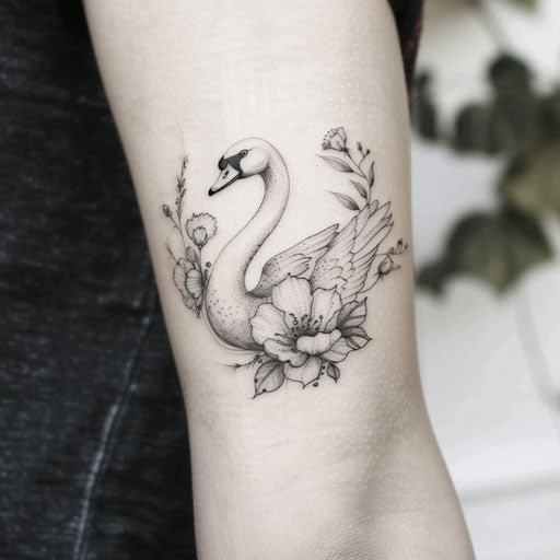 Tattoo sketch of an elegant swan with floral wreath for wrist coverup tattoo for women