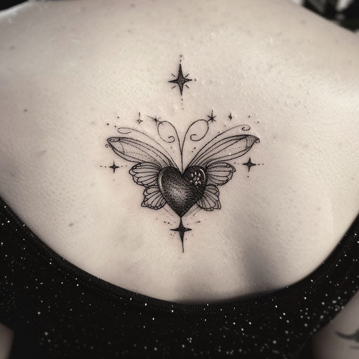 Whimsical flat tattoo sketch of a black heart with fairy wings and sparkling stars