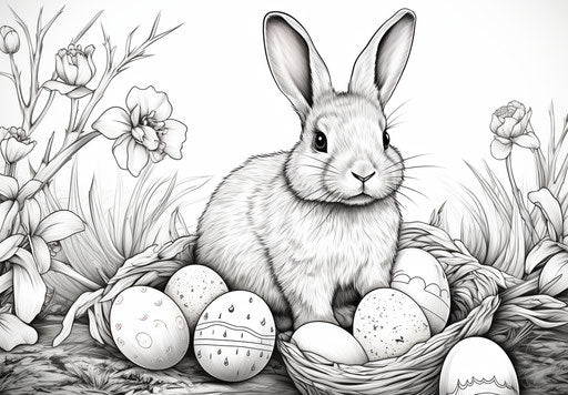 Beautiful Easter bunny coloring pages with birds and eggs