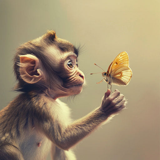 Adorable monkey playing with a butterfly, Gregory Colbert style