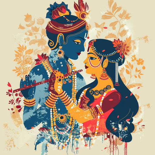 Radha Krishna clipart with random flat background, vintage filter and delicate lines