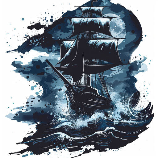 Eerie tattoo sketch of a ship sailing in stormy seas