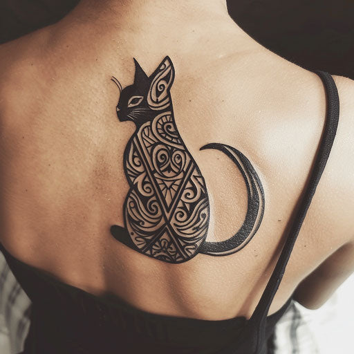 Black cat tattoo with tribal patterns on white background