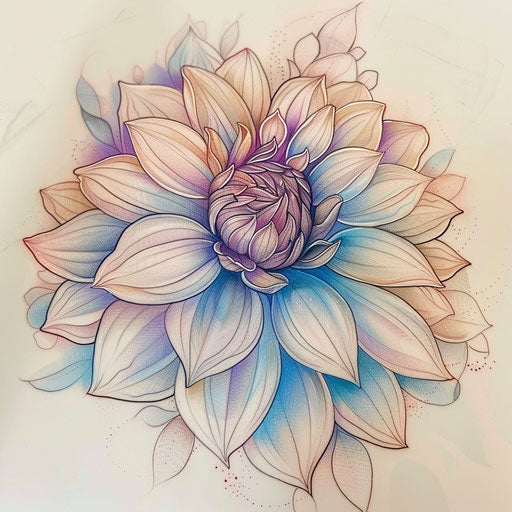 Ethereal dahlia tattoo sketch with soft pastel colors
