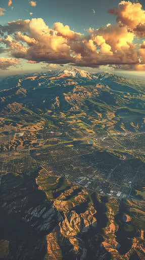 Aerial view of Colorado Springs and Pikes Peak, detailed, vivid colors, 1960's vibe, cinematic, engineered, 9:16