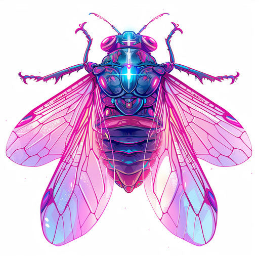 Electric tattoo sketch of a cicada with shocking pinks and electric blues