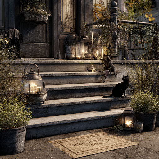 Black Cat Statues in a Festive Halloween Scene