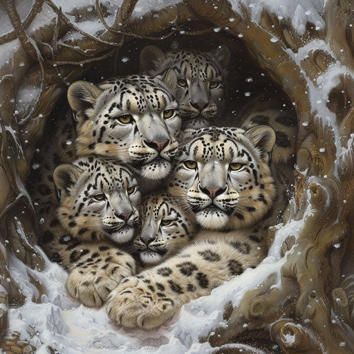 A family of snow leopards cuddled in a cozy den
