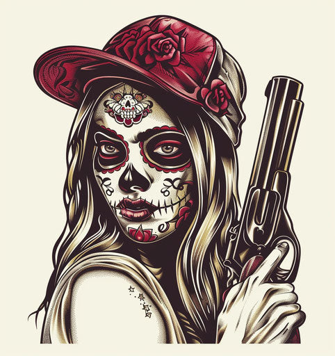 Tattoo designs with sugar skull woman with cap and gun