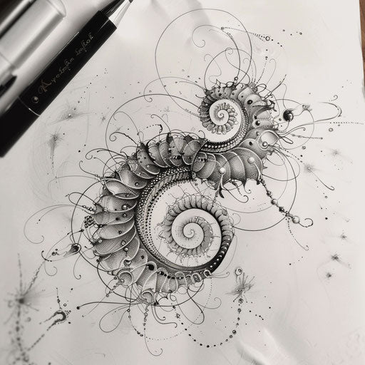 Elegant tattoo sketch of a Fibonacci sequence with delicate curves and soft gradients