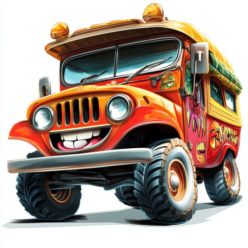 Humorous caricature of jeepney with human characteristics