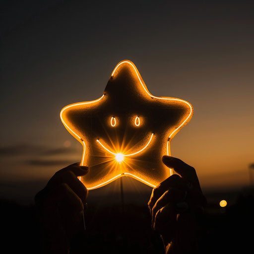 Emoji star, smiling face, Coolidge style, youthful energy