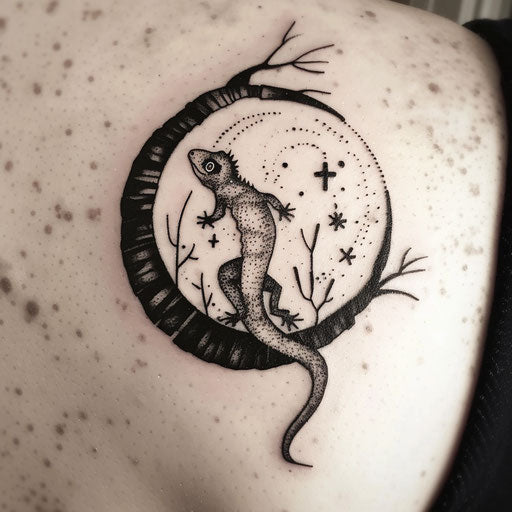 Bold flat tattoo sketch with gecko silhouette against the moon