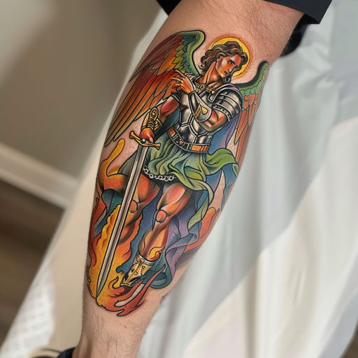 Vibrant color tattoo of Saint Michael with a flaming sword