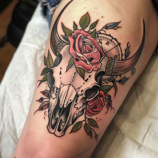 Vintage bull skull tattoo with roses and clock on white canvas