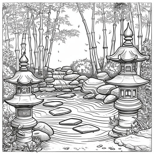 Tranquil zen garden with raked sand and stone lanterns