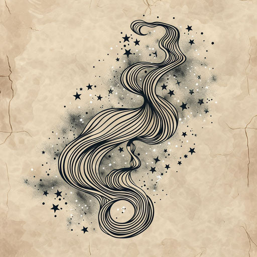 Dynamic flat tattoo sketch of the Aquarius constellation with abstract, swirling air currents