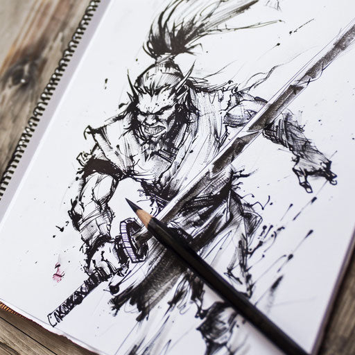 Fierce oni warrior armed with a kanabo club in bold ink strokes on white sketch paper