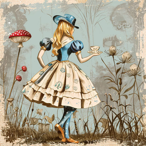 Alice in Wonderland clipart with random flat background and vintage filter