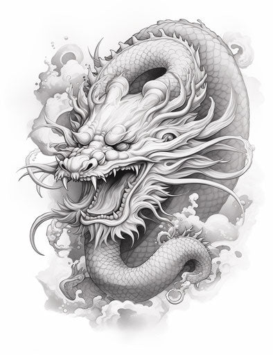 Chinese Dragon in Black and White on White Background, Realistic Style