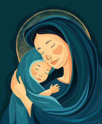 Blue hugs, emotive figurative style, madonna and child