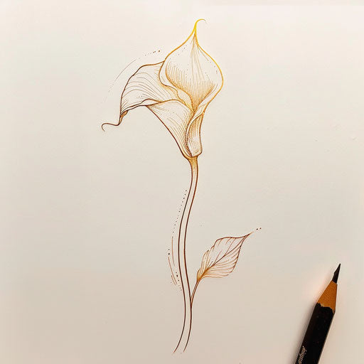 Tattoo sketch of a calla lily in a flat clipart style, accented with metallic gold ink