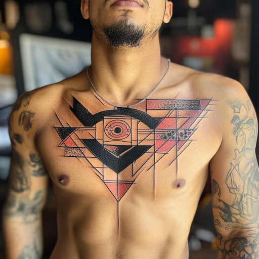 Abstract geometric chest piece tattoo with sharp angles design