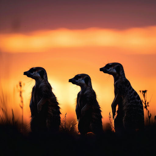Pack of meerkats at sunrise, silhouettes against a brightening sky, tranquil and calm