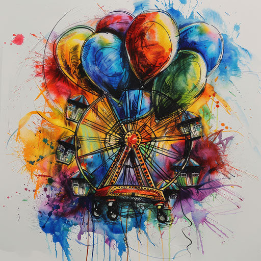 Colorful carnival scene with ferris wheel and balloons
