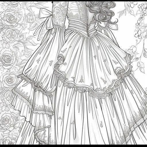Detailed Victorian dress with ruffles and intricate embroidery. Coloring book page